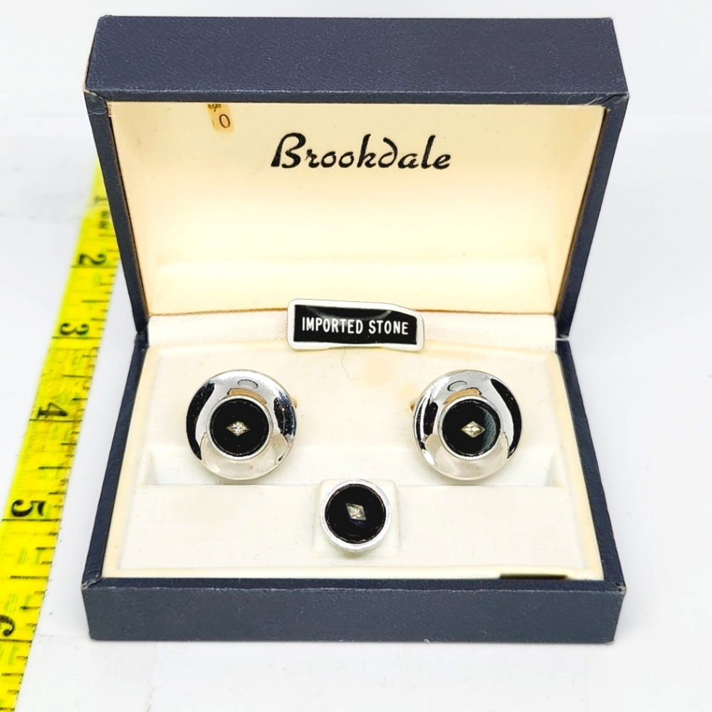 Vintage Dante Genuine Black Onyx Silver Tone Cuff Link & Tie Tack in Orig Box